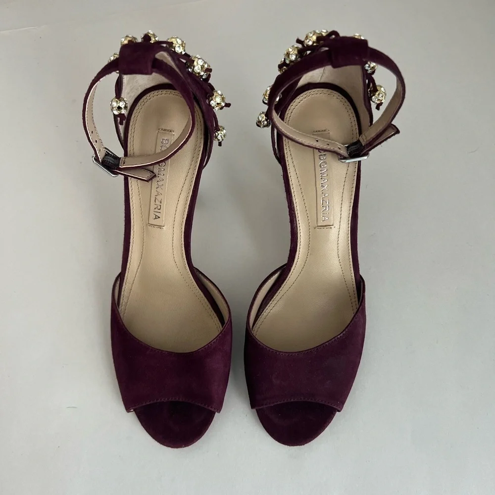 BCBGMAXAZRIA Burgundy Suede Crystal Beaded Fringe Peep Toe Heels 37.5 US 7.5